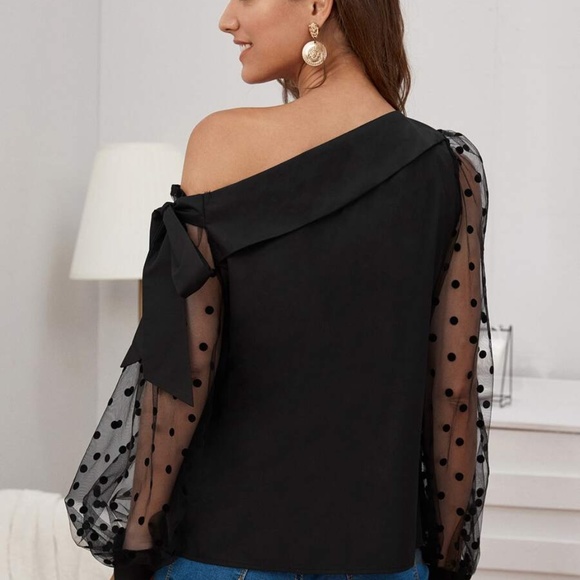 Classic Black One Shoulder Polka Dot Sheer Sleeve Blouse - Picture 4 of 4